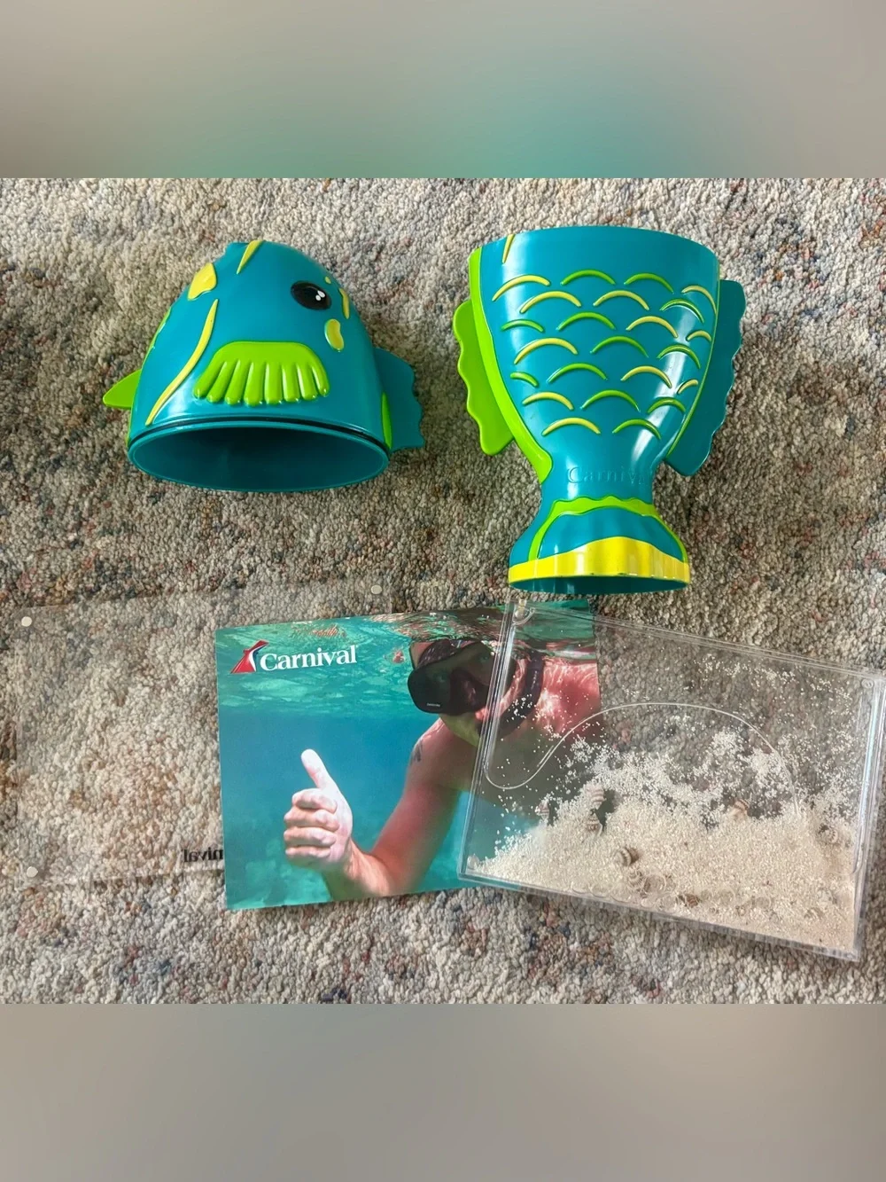 Carnival Cruise souvenirs teal fish cup & water seashell filled acrylic frame